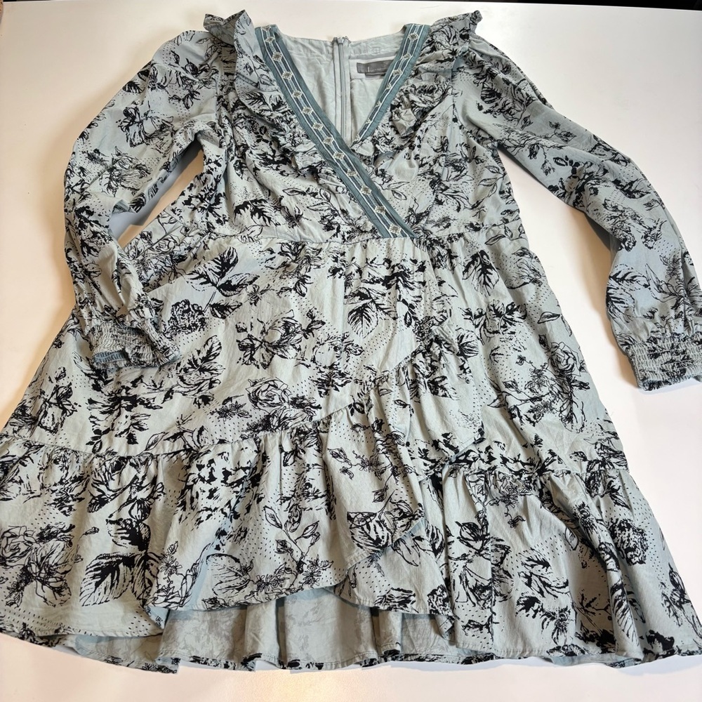 Anthropologie ruffle floral mini wrap dress large blue *missing belt - Picture 3 of 16